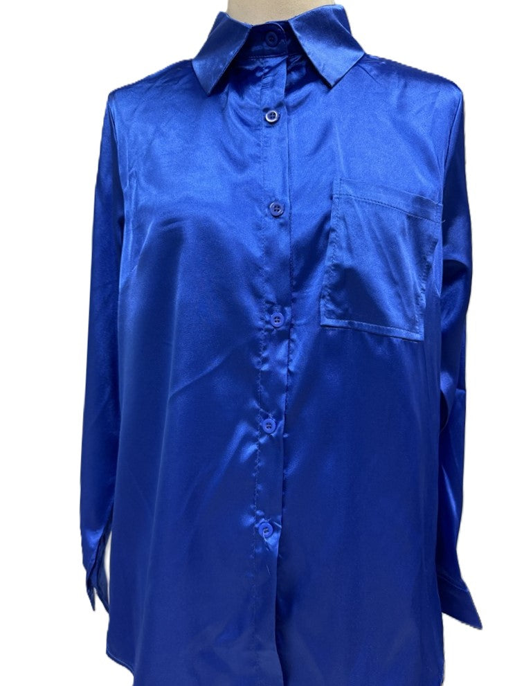 Silky Satin Button Front Pocket Shirt - DarkBlue
