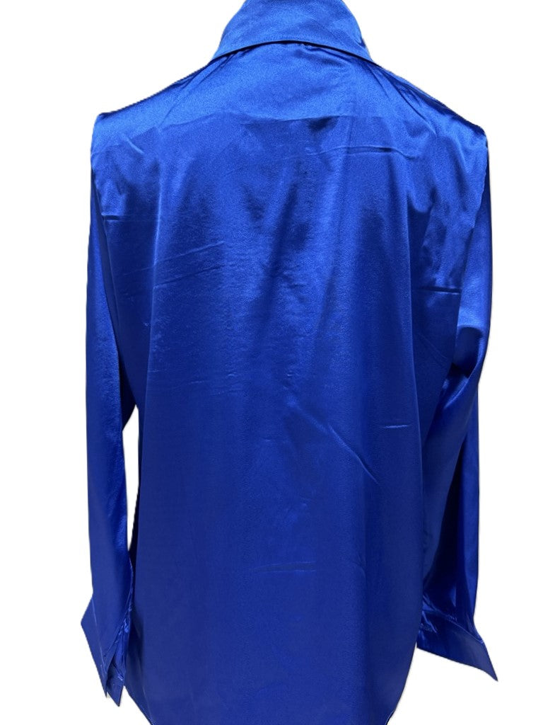 Silky Satin Button Front Pocket Shirt - DarkBlue - 1