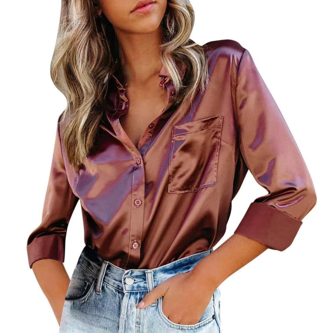 Silky Satin Button Front Pocket Shirt - Rouge