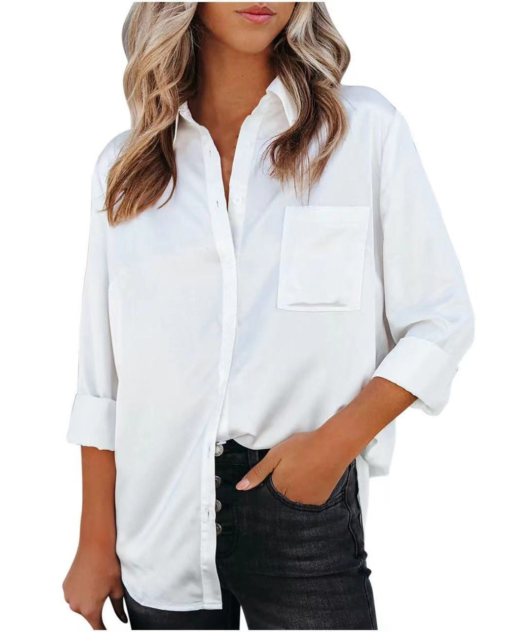 Silky Satin Button Front Pocket Shirt - White