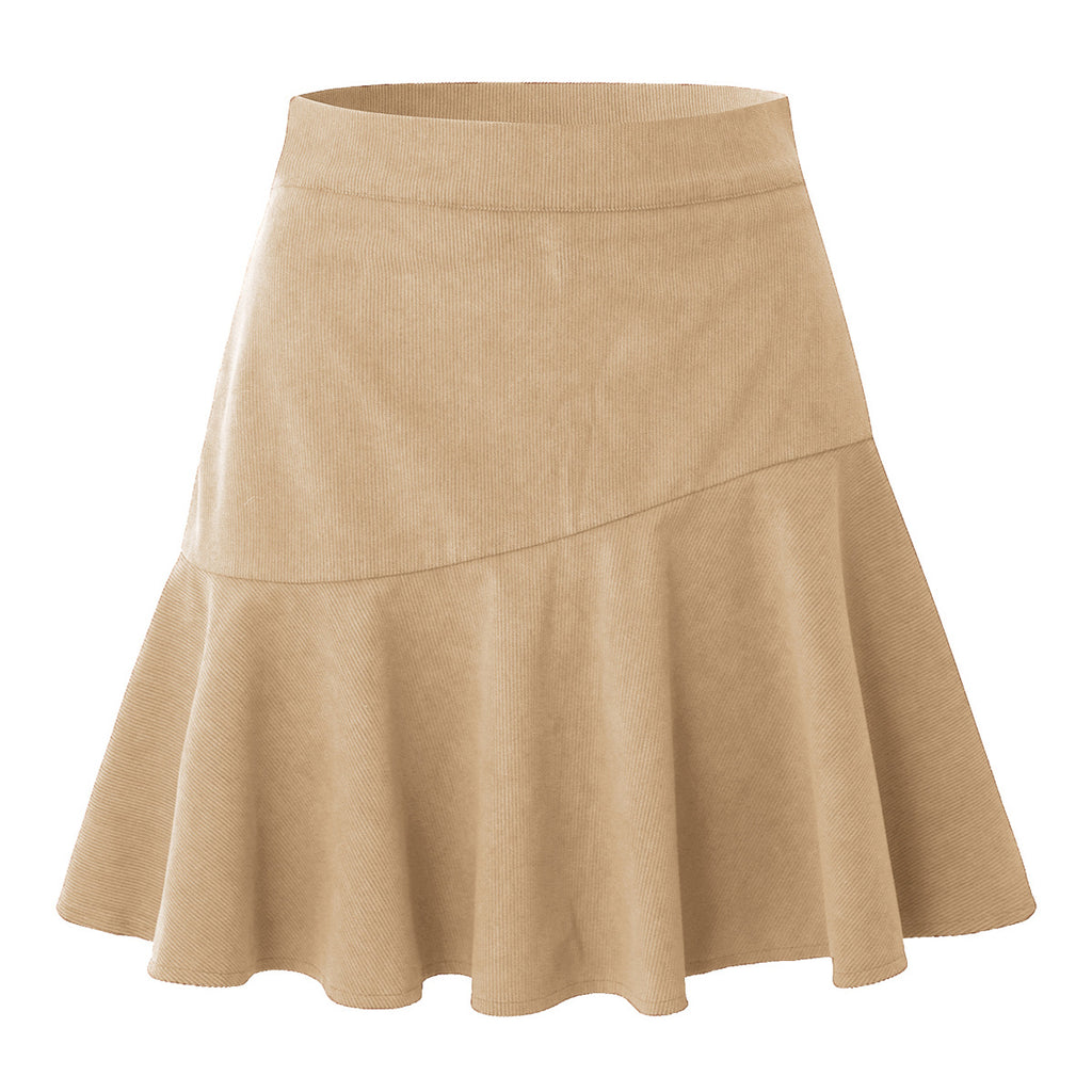 Corduroy Ruffle Hem Skater Mini Skirt - Beige - 1