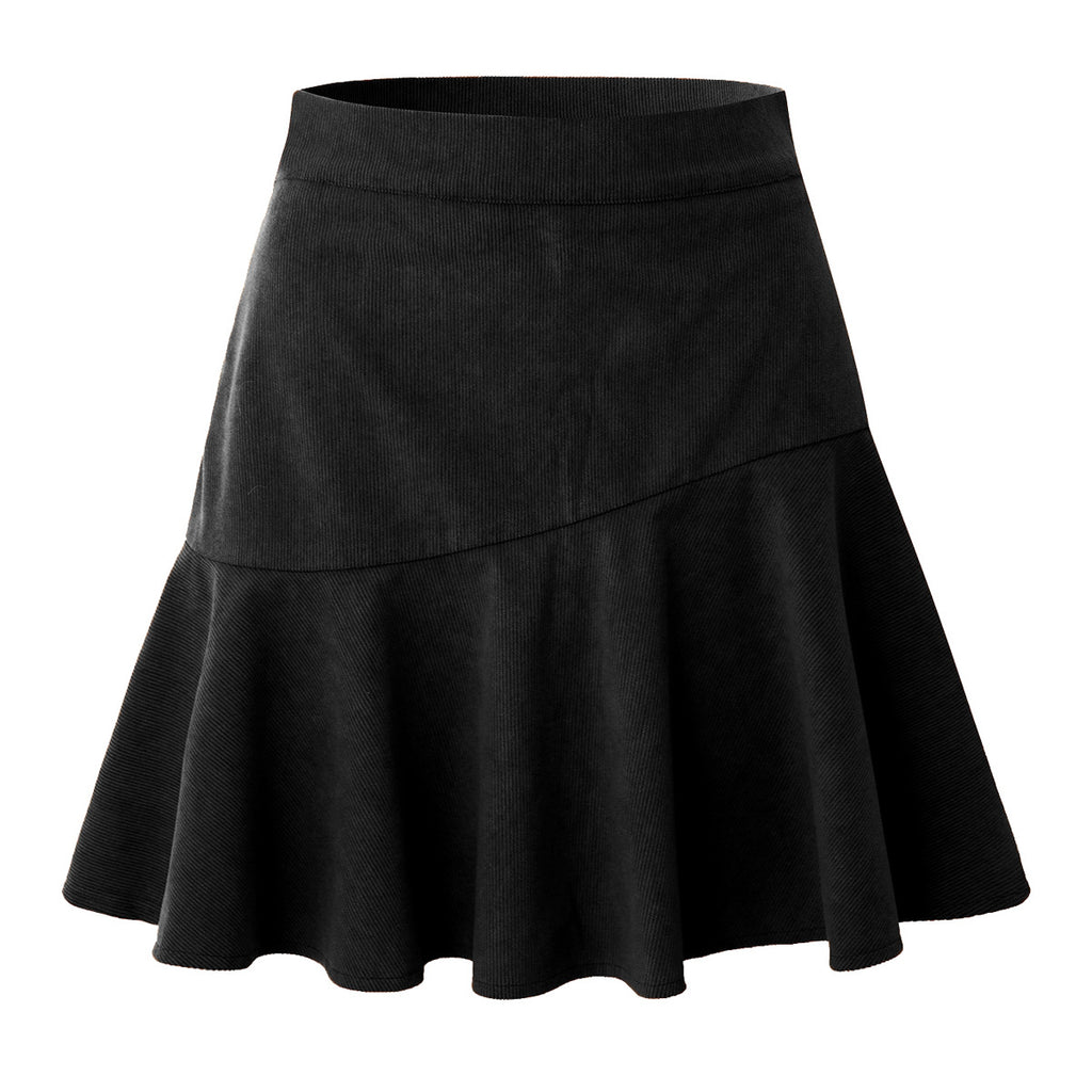 Corduroy Ruffle Hem Skater Mini Skirt - Black