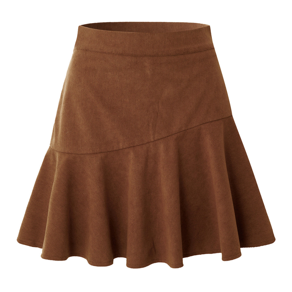 Corduroy Ruffle Hem Skater Mini Skirt - Brown