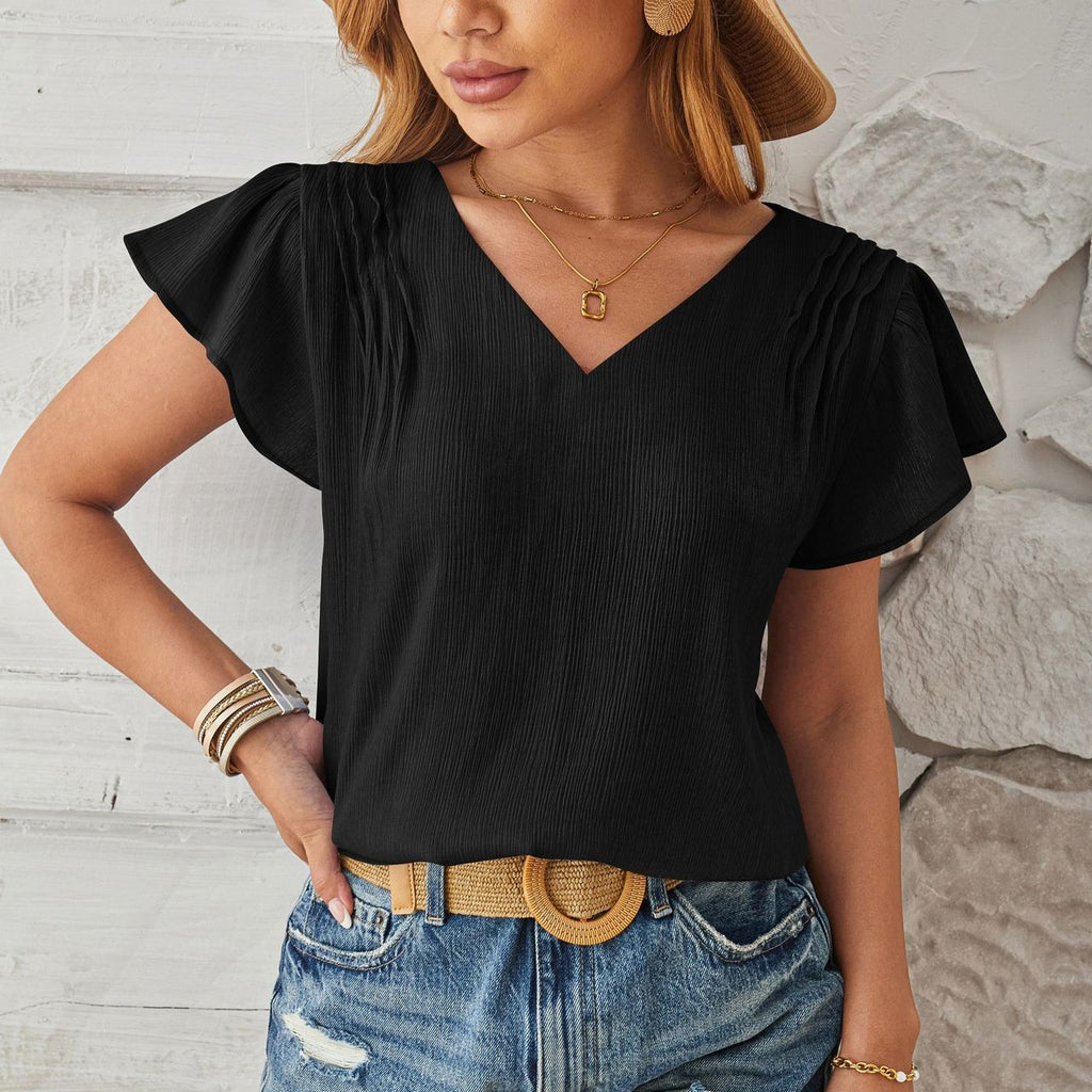 Pleated Shoulder Petal Sleeve V Neck Top - Black