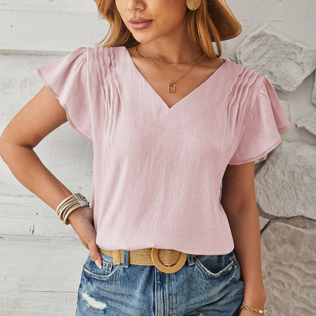 Pleated Shoulder Petal Sleeve V Neck Top - Pink