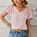 Pleated Shoulder Petal Sleeve V Neck Top - Pink