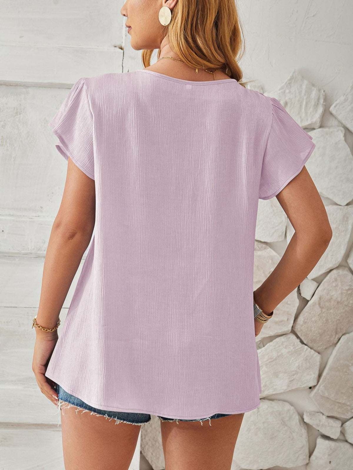 Pleated Shoulder Petal Sleeve V Neck Top - Purple - 2