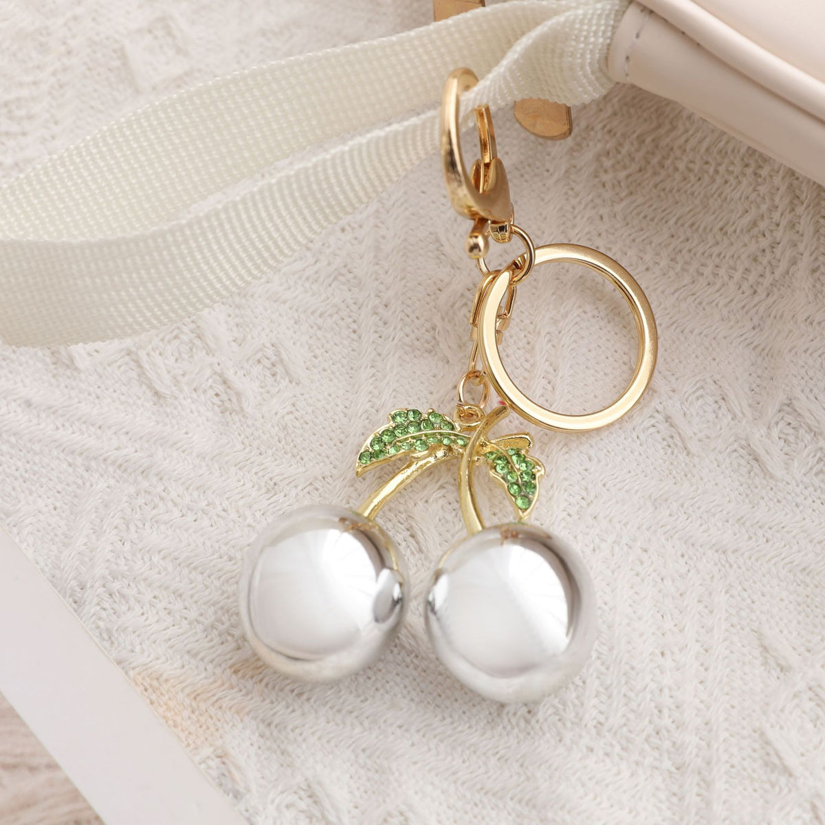 Sparkling Cherry Pendant Keychain - Silver