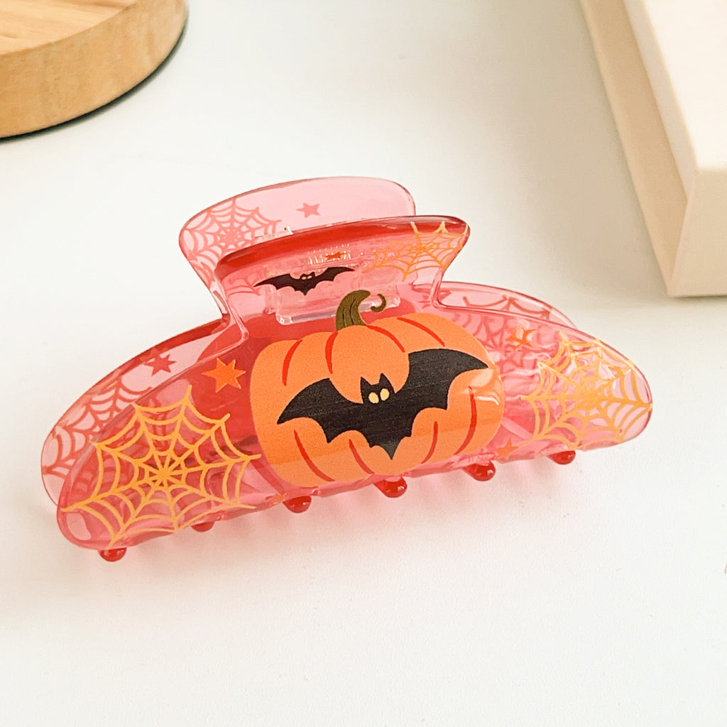 Halloween Hair Claw Clip With Pumpkin and Bat Prints - Orange