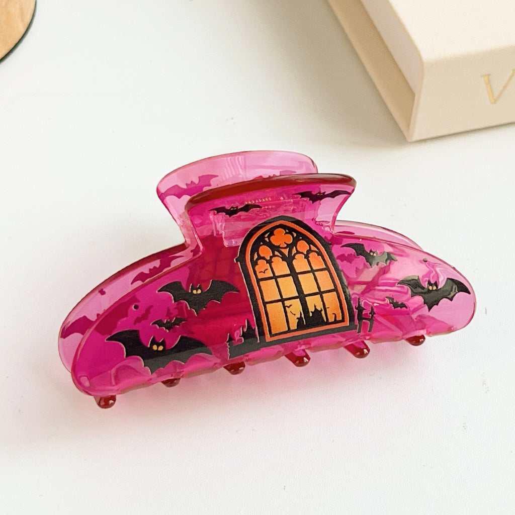 Halloween Hair Claw Clip With Pumpkin and Bat Prints - Purple