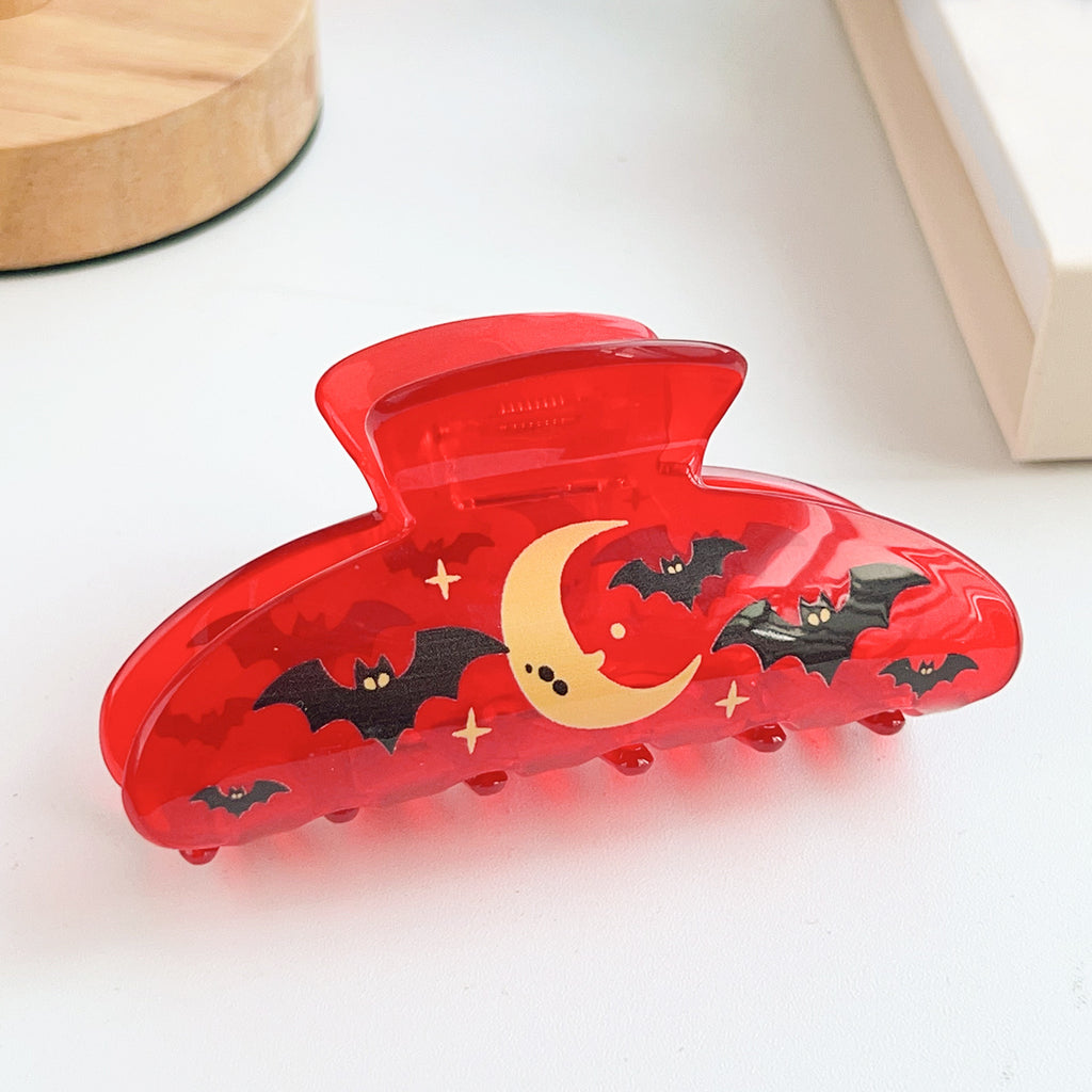 Halloween Hair Claw Clip With Pumpkin and Bat Prints - Red