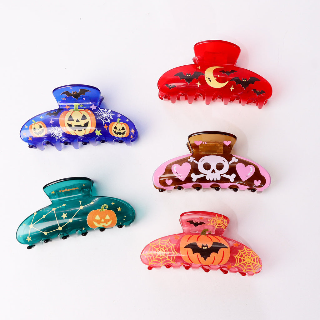 Halloween Hair Claw Clip With Pumpkin and Bat Prints