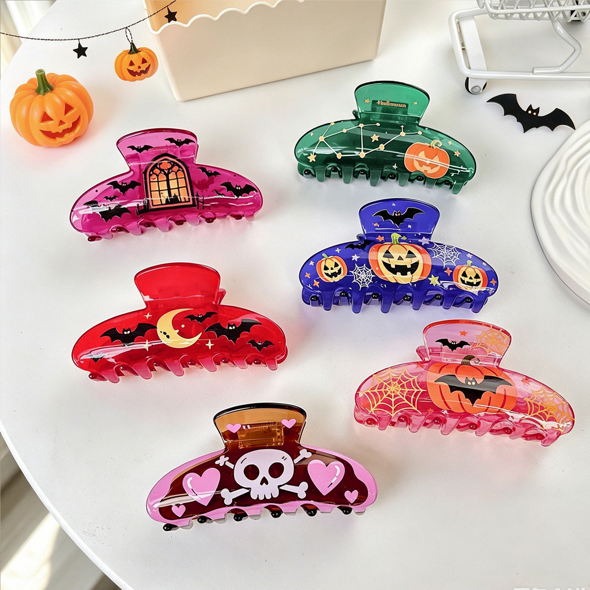 Halloween Hair Claw Clip With Pumpkin and Bat Prints - view 1