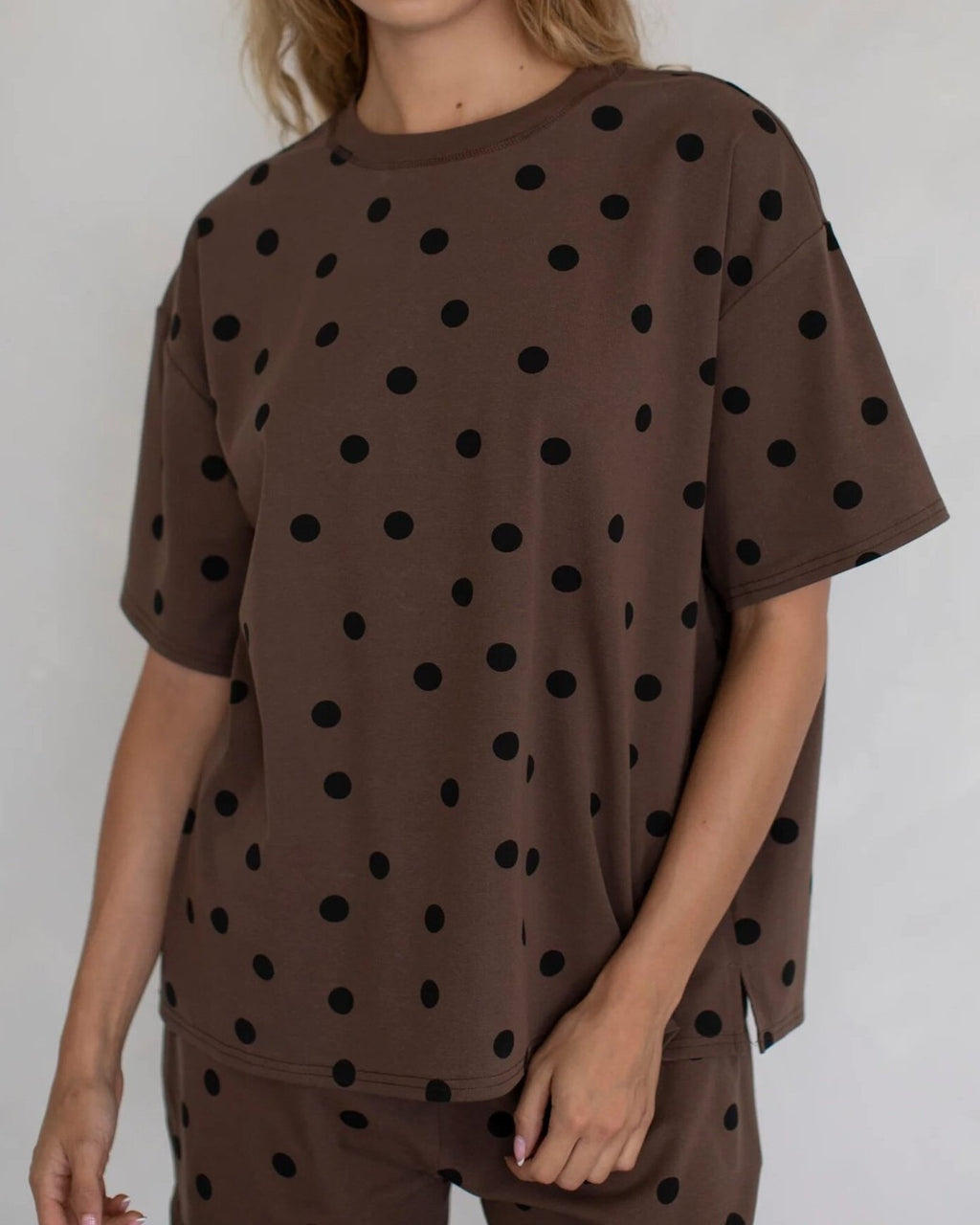 Polka Dot Oversized Drop Shoulder Tee - Coffee - 1