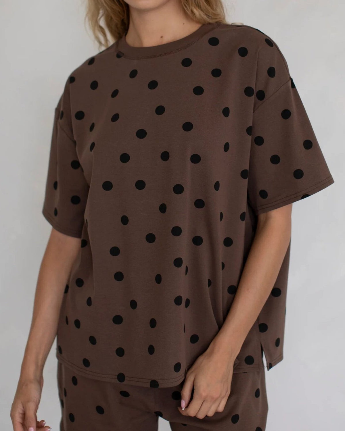 Polka Dot Oversized Drop Shoulder Tee - Coffee - 1