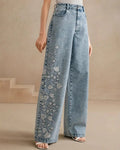 Floral Embroidered Wide Leg Jeans - Blue