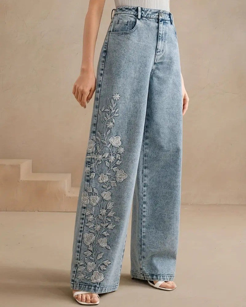 Floral Embroidered Wide Leg Jeans - Blue