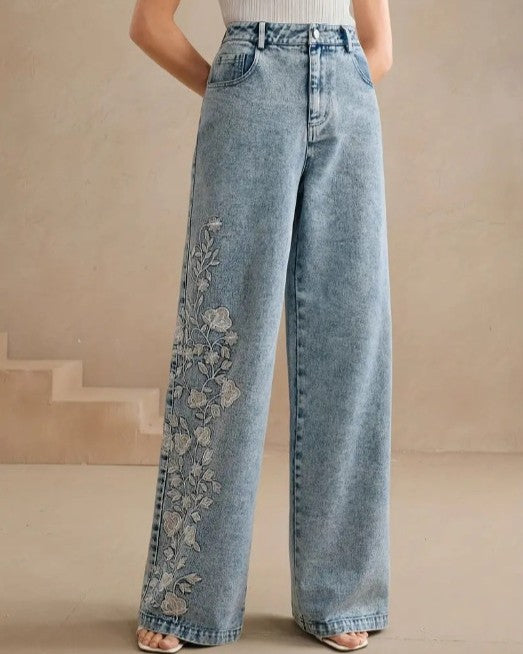 Floral Embroidered Wide Leg Jeans - Blue - 1