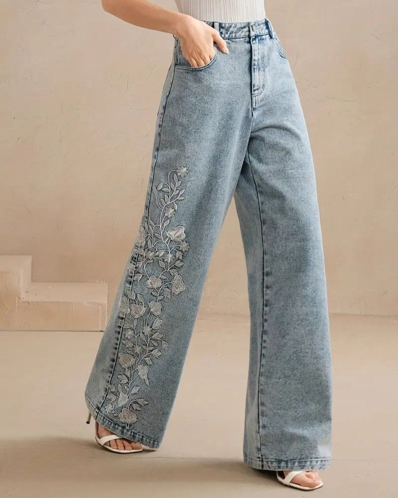 Floral Embroidered Wide Leg Jeans - Blue - 2