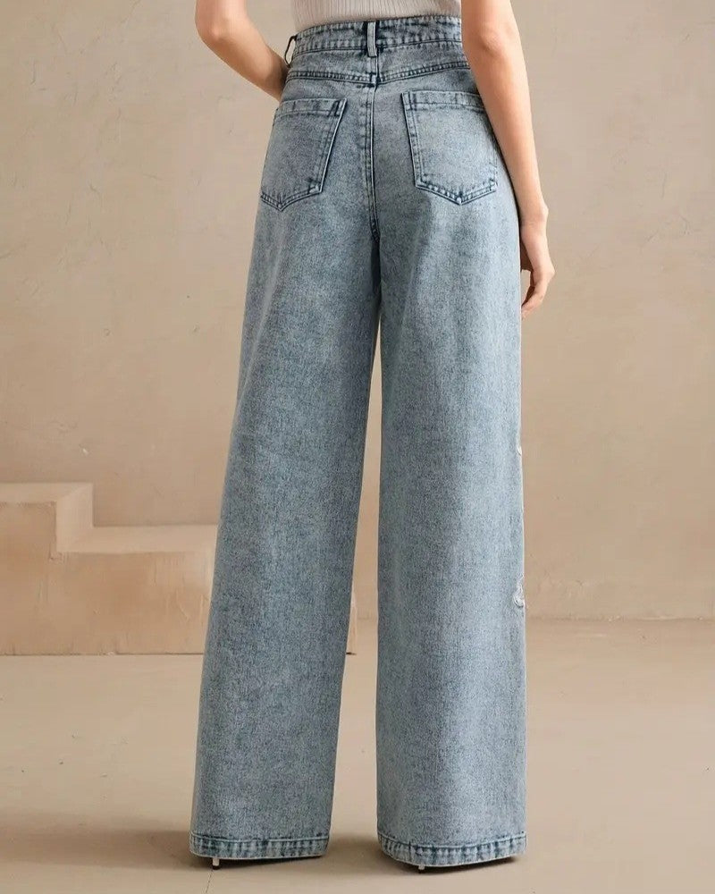 Floral Embroidered Wide Leg Jeans - Blue - 3