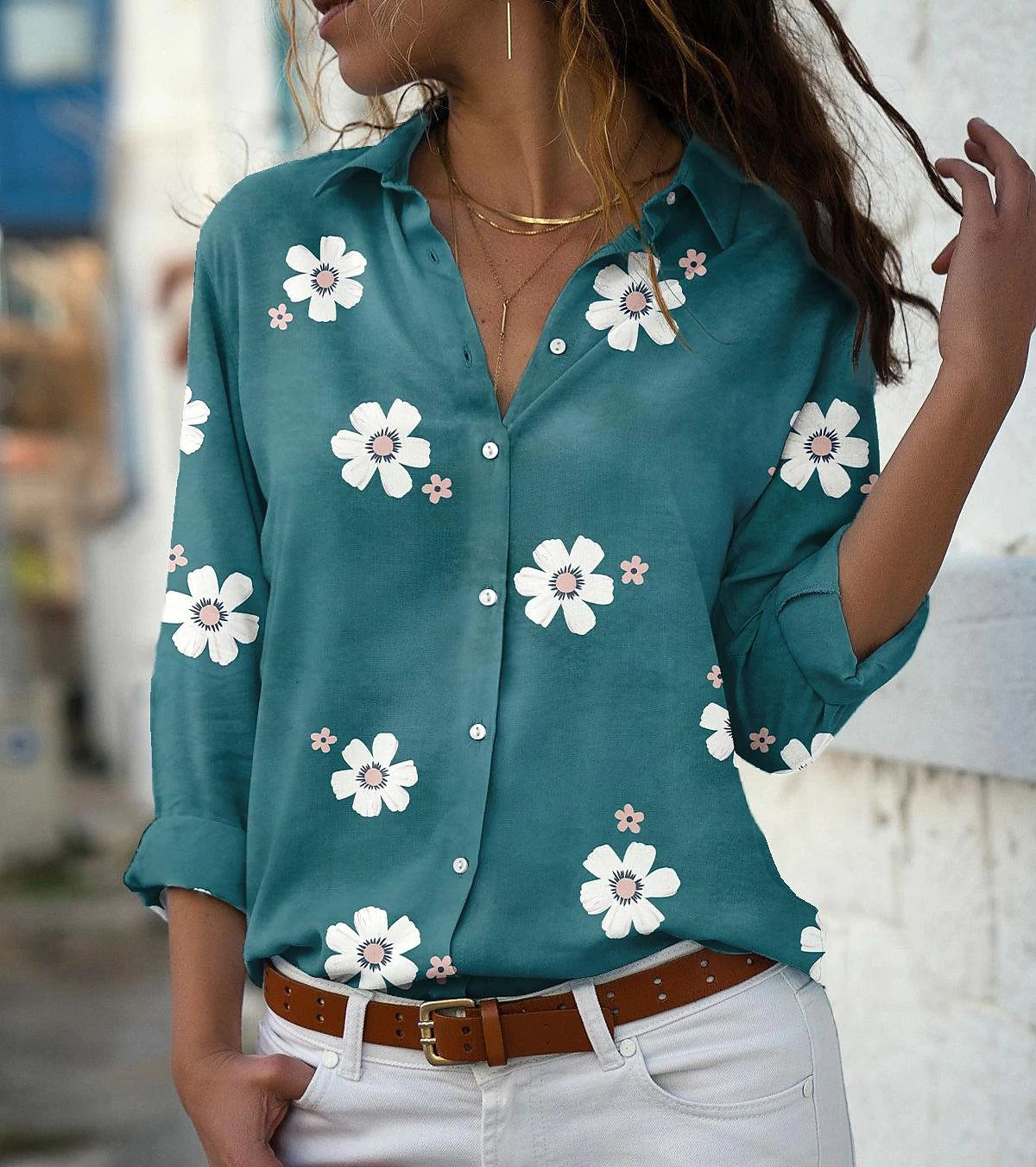 Daisy Print Long Sleeve Button Shirt - Green