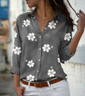 Daisy Print Long Sleeve Button Shirt - Grey