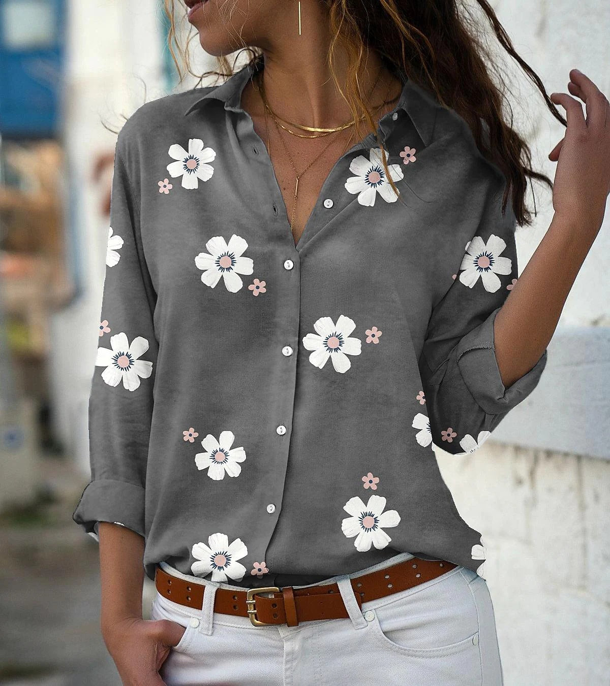 Daisy Print Long Sleeve Button Shirt - Grey