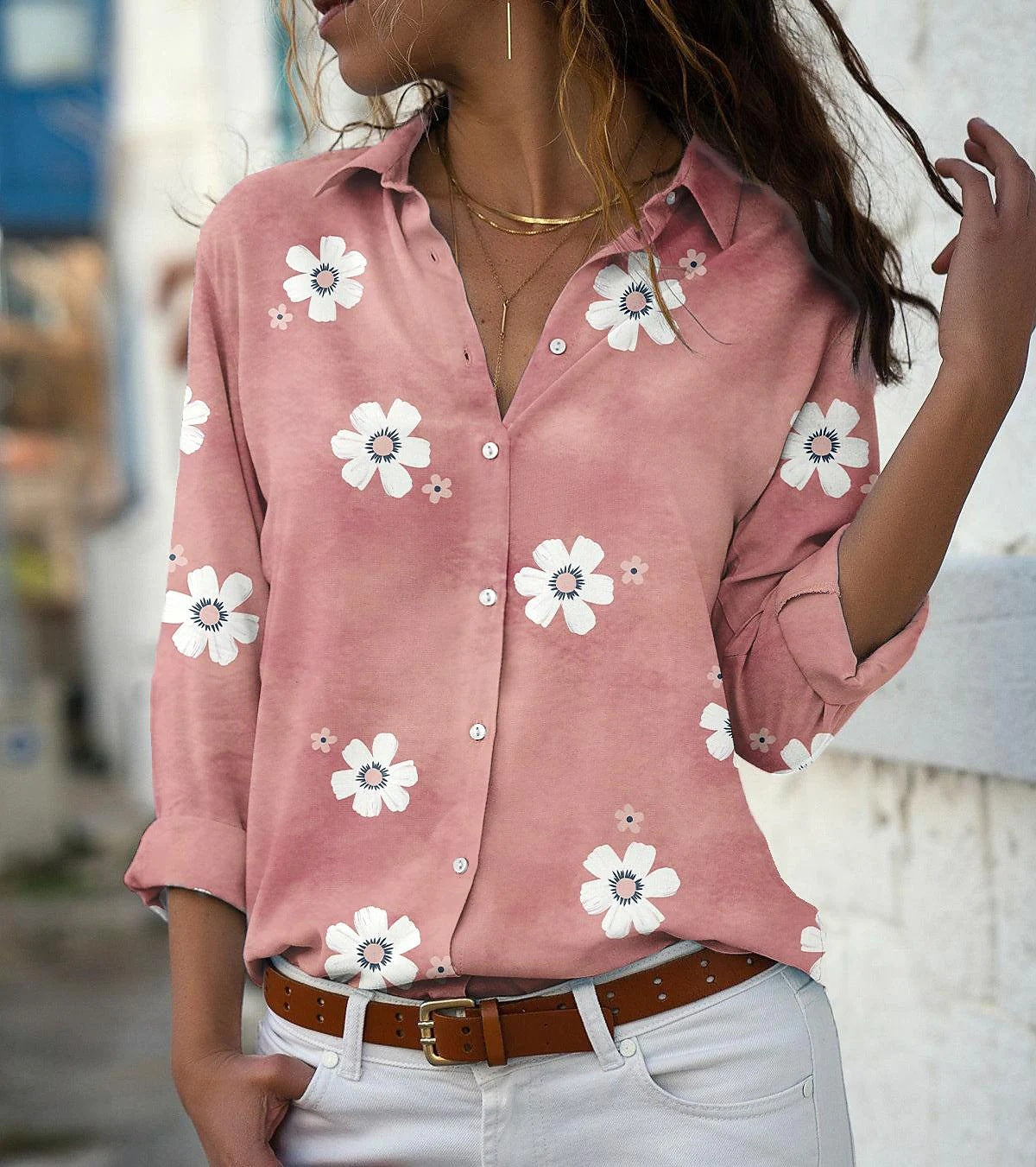 Daisy Print Long Sleeve Button Shirt - Pink