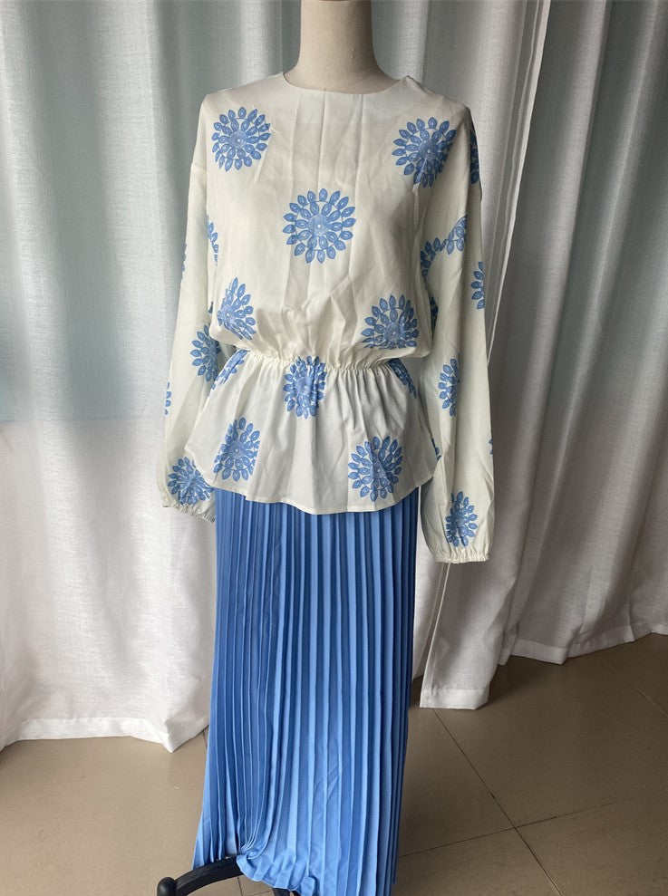 Floral Print Peplum Top and Pleated Maxi Skirt Set - Blue - 2