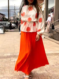 Floral Print Peplum Top and Pleated Maxi Skirt Set - Orange