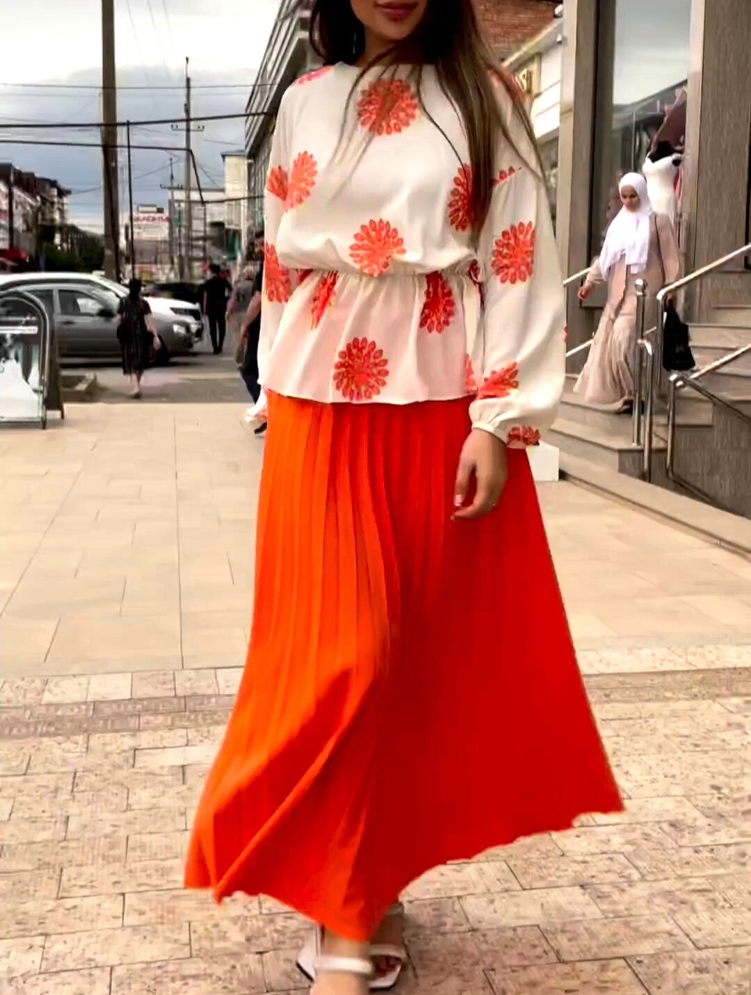 Floral Print Peplum Top and Pleated Maxi Skirt Set - Orange