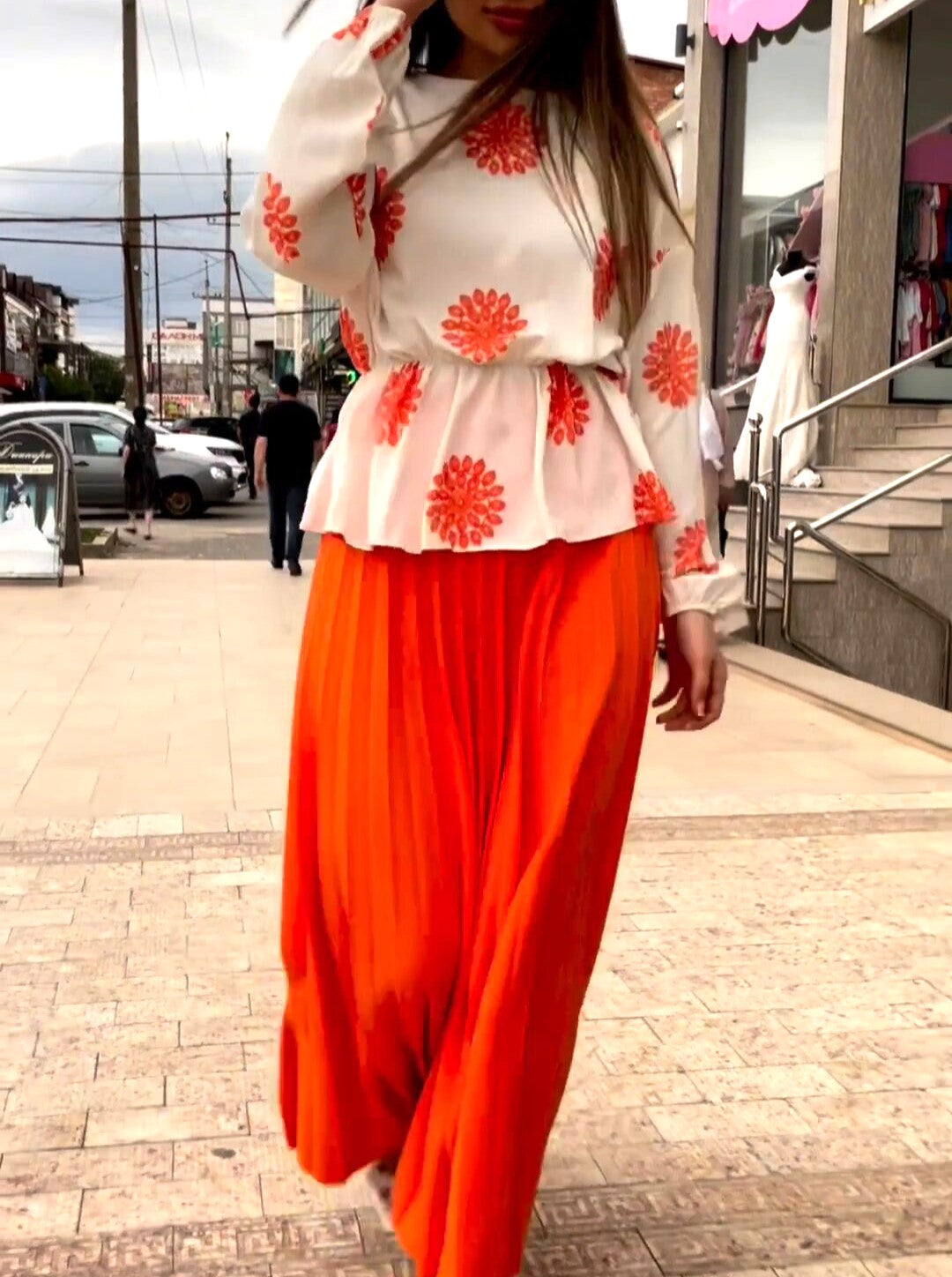 Floral Print Peplum Top and Pleated Maxi Skirt Set - Orange - 1