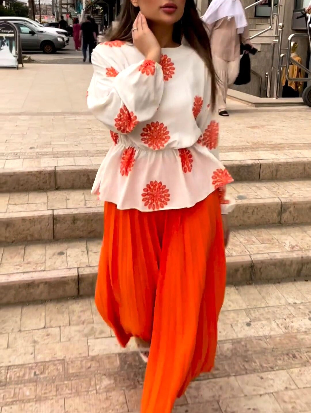 Floral Print Peplum Top and Pleated Maxi Skirt Set - Orange - 2