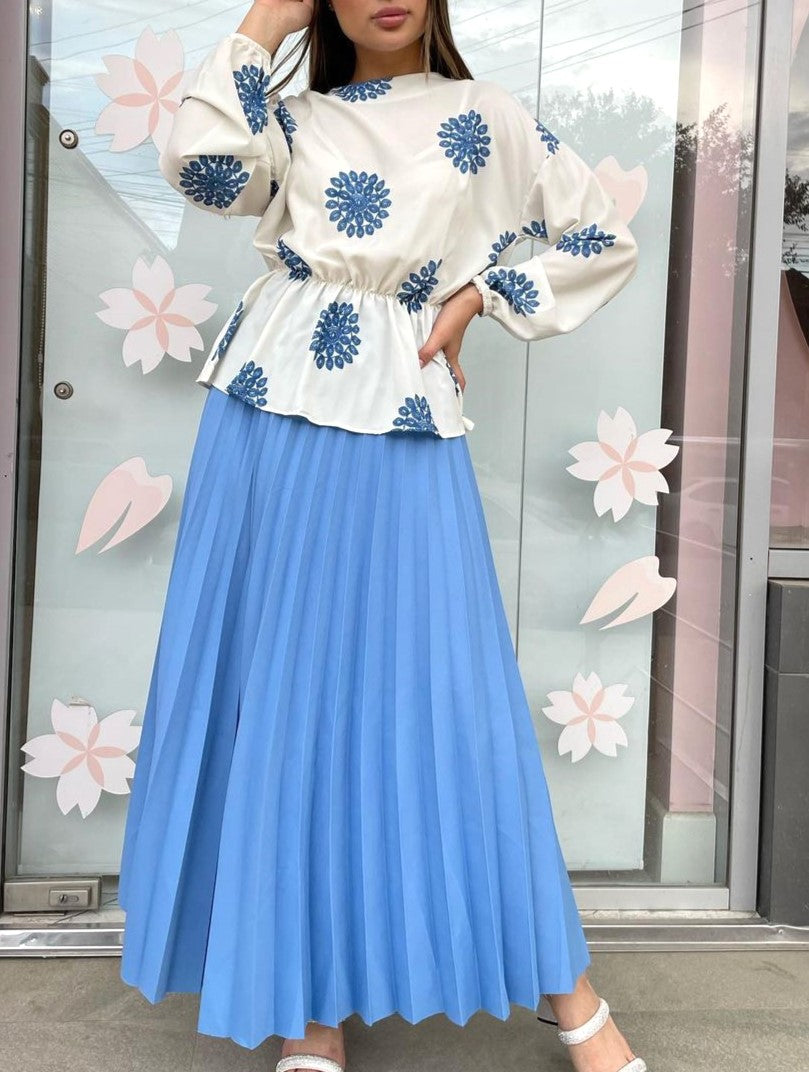 Floral Print Peplum Top and Pleated Maxi Skirt Set