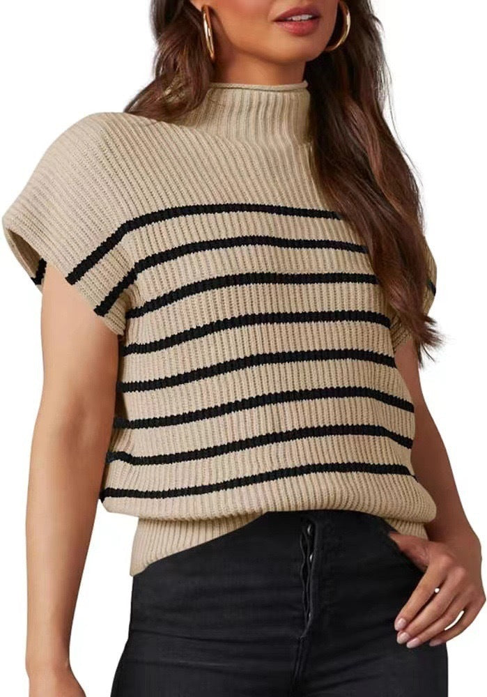 Striped Rib Knit Mock Neck Cap Sleeve Sweater - Khaki