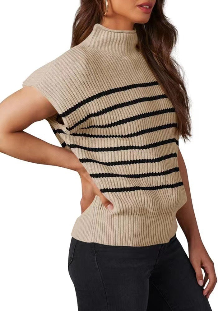 Striped Rib Knit Mock Neck Cap Sleeve Sweater - Khaki - 1