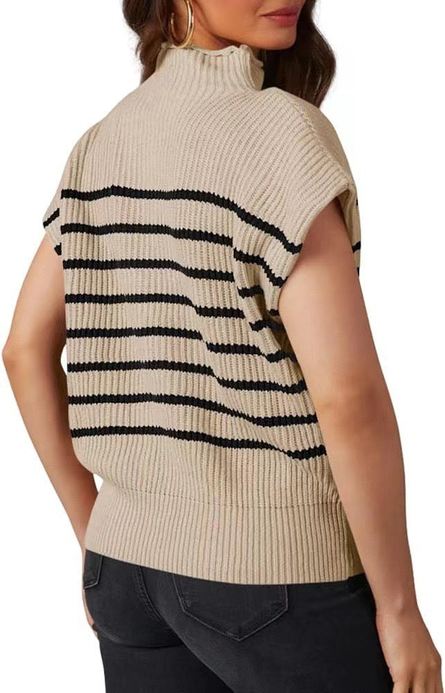 Striped Rib Knit Mock Neck Cap Sleeve Sweater - Khaki - 2