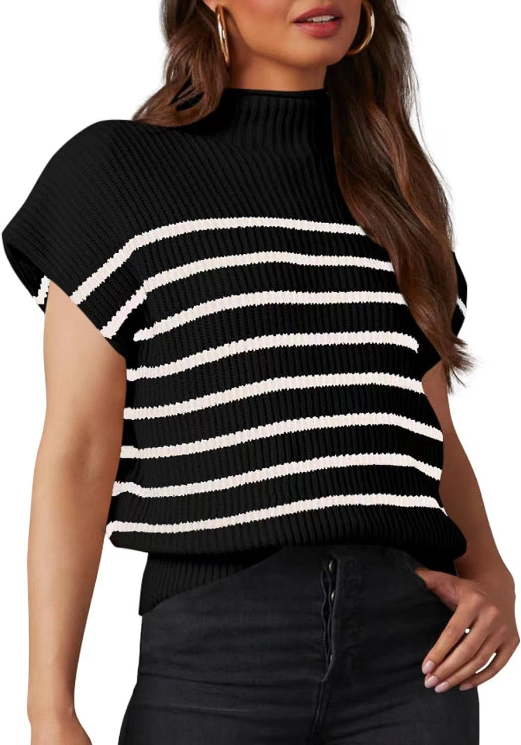 Striped Rib Knit Mock Neck Cap Sleeve Sweater - black