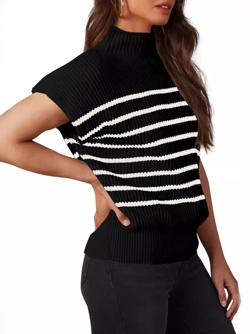 Striped Rib Knit Mock Neck Cap Sleeve Sweater - black - 1