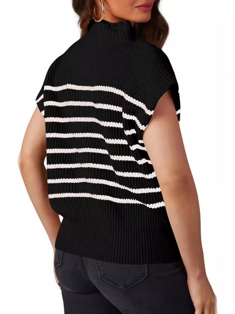 Striped Rib Knit Mock Neck Cap Sleeve Sweater - black - 2