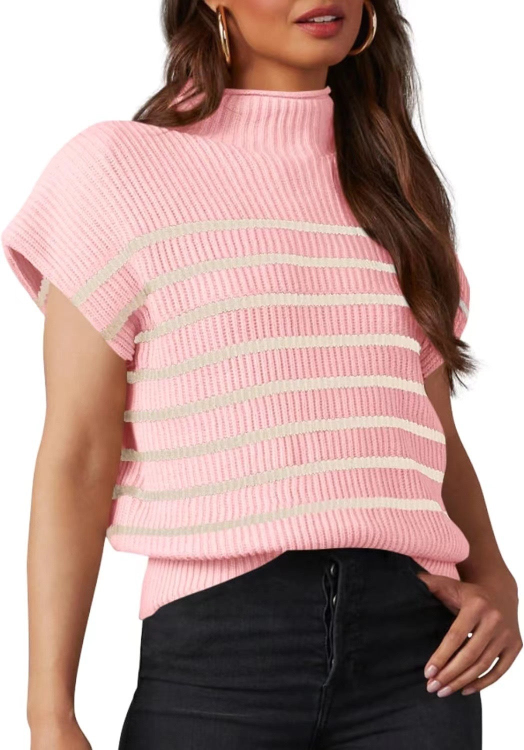 Striped Rib Knit Mock Neck Cap Sleeve Sweater - pink - 1