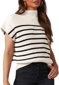 Striped Rib Knit Mock Neck Cap Sleeve Sweater - white