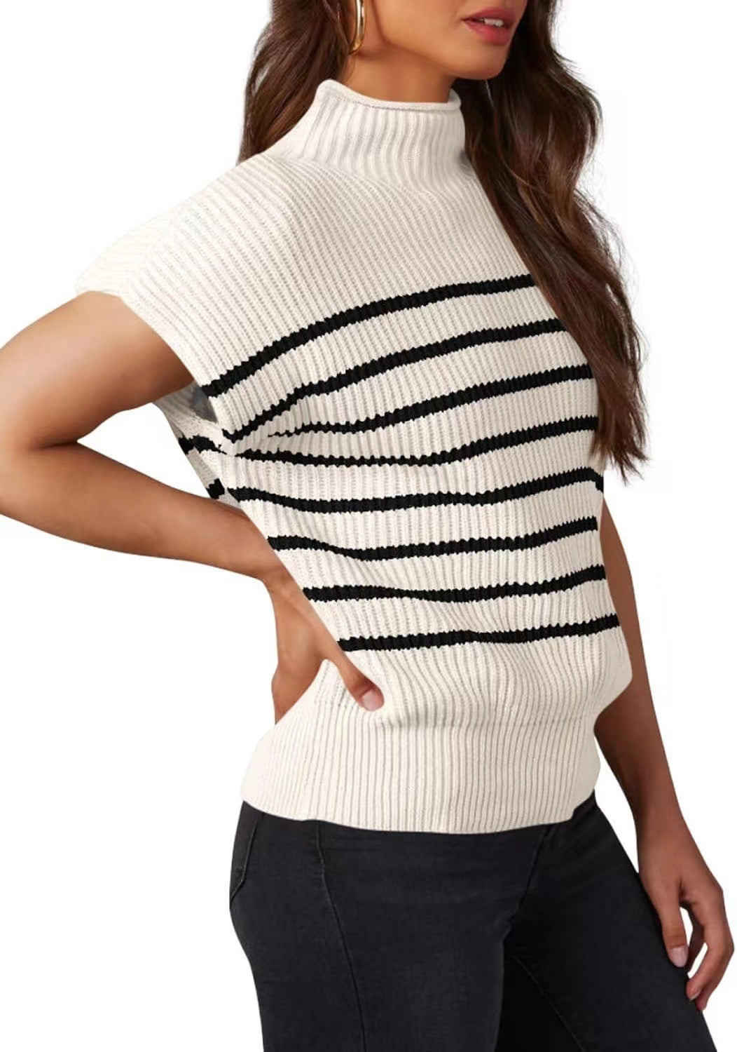 Striped Rib Knit Mock Neck Cap Sleeve Sweater - white - 1