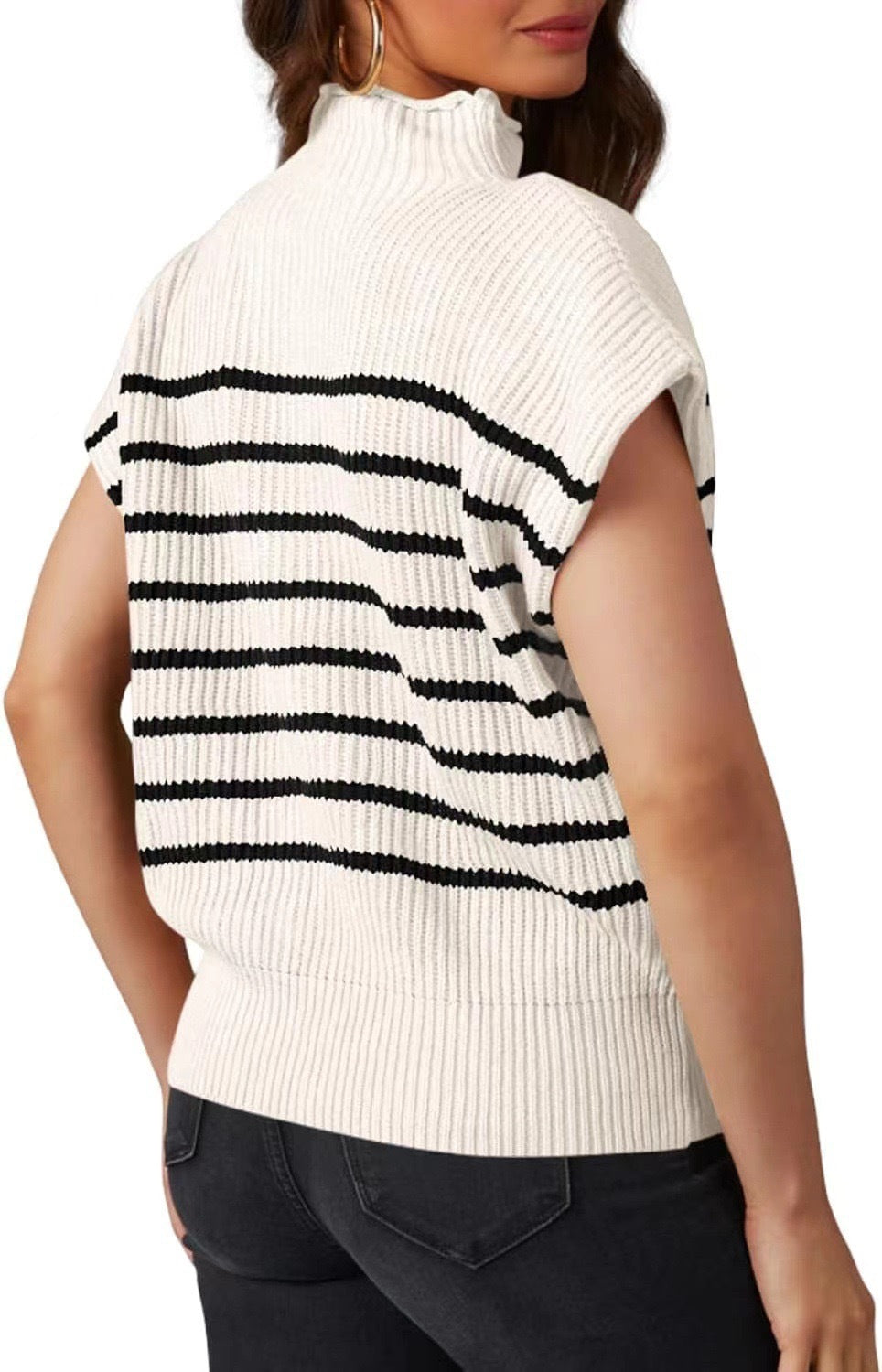 Striped Rib Knit Mock Neck Cap Sleeve Sweater - white - 2
