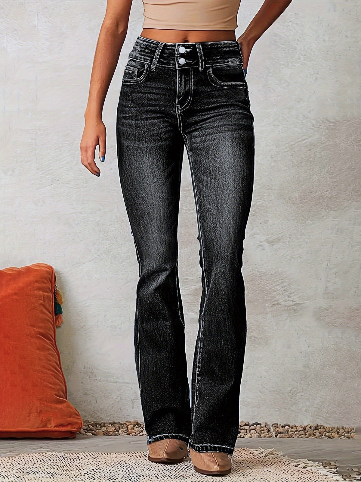 High Rise Stretch Flare Jeans - Black - 1