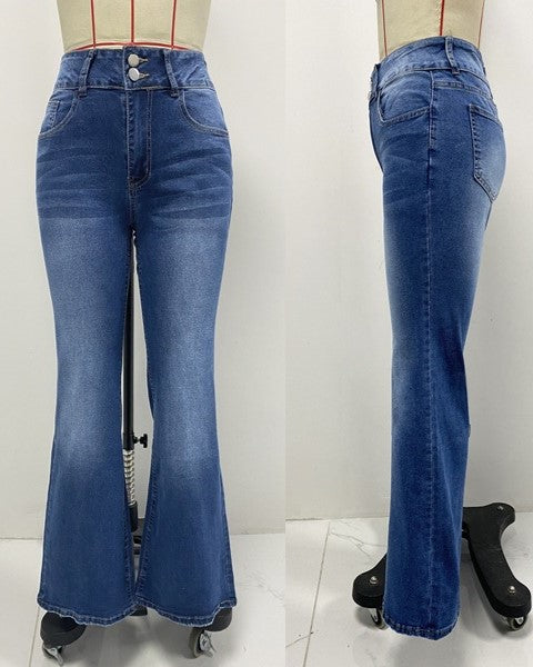 High Rise Stretch Flare Jeans - Blue