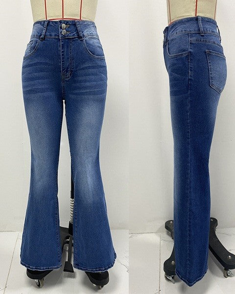 High Rise Stretch Flare Jeans - DarkBlue - 1
