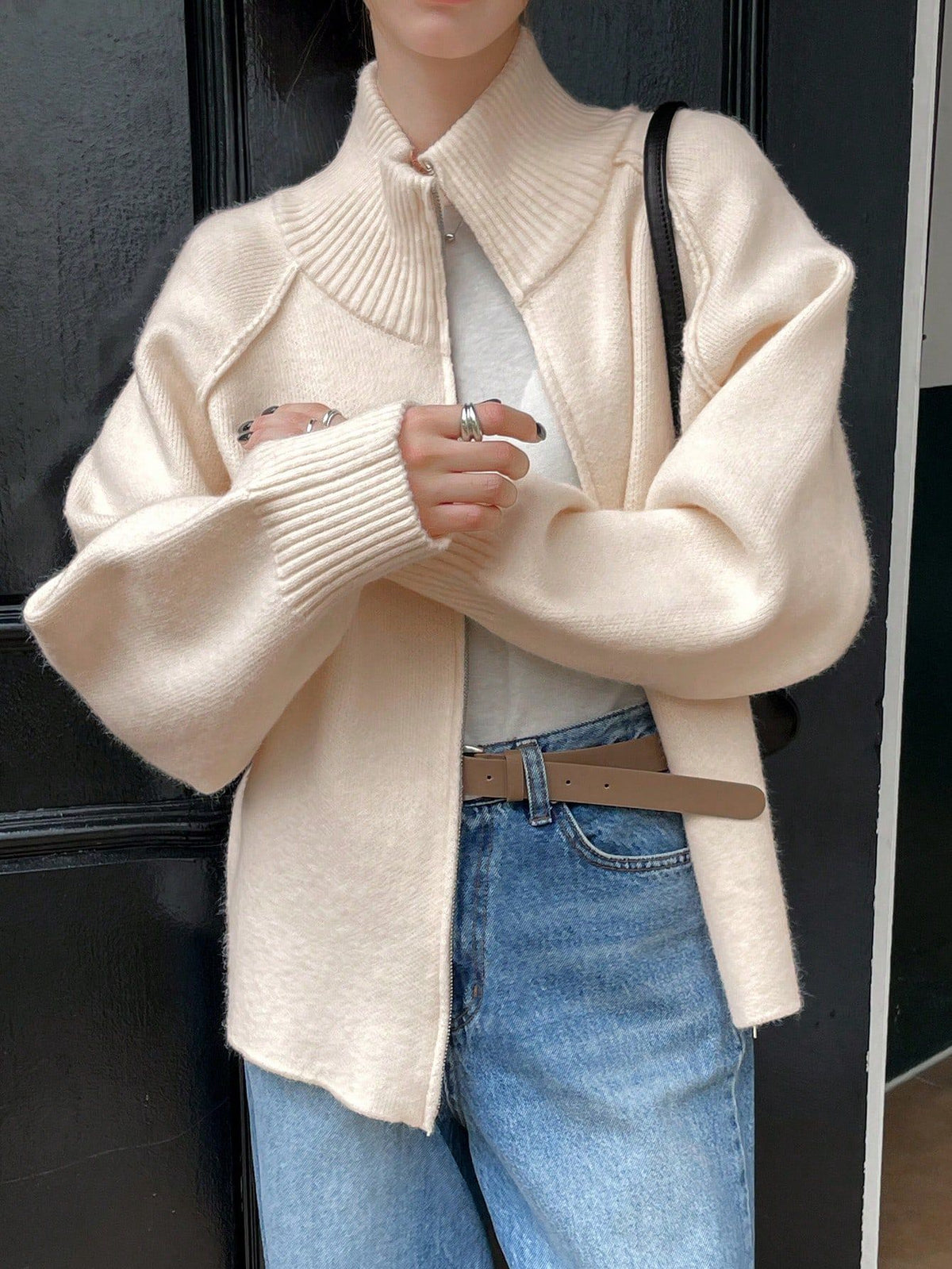 Stand Collar Zip Up Knit Cardigan - Beige