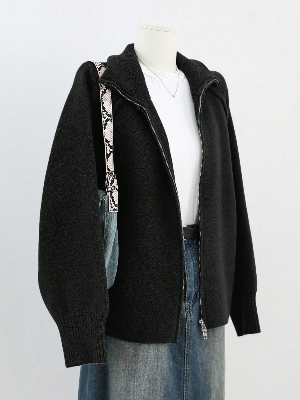 Stand Collar Zip Up Knit Cardigan - Black