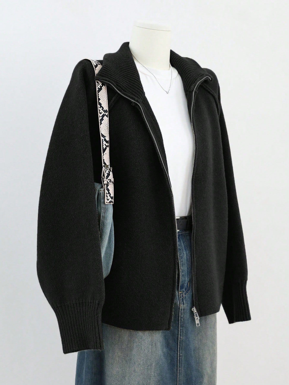Stand Collar Zip Up Knit Cardigan - Black